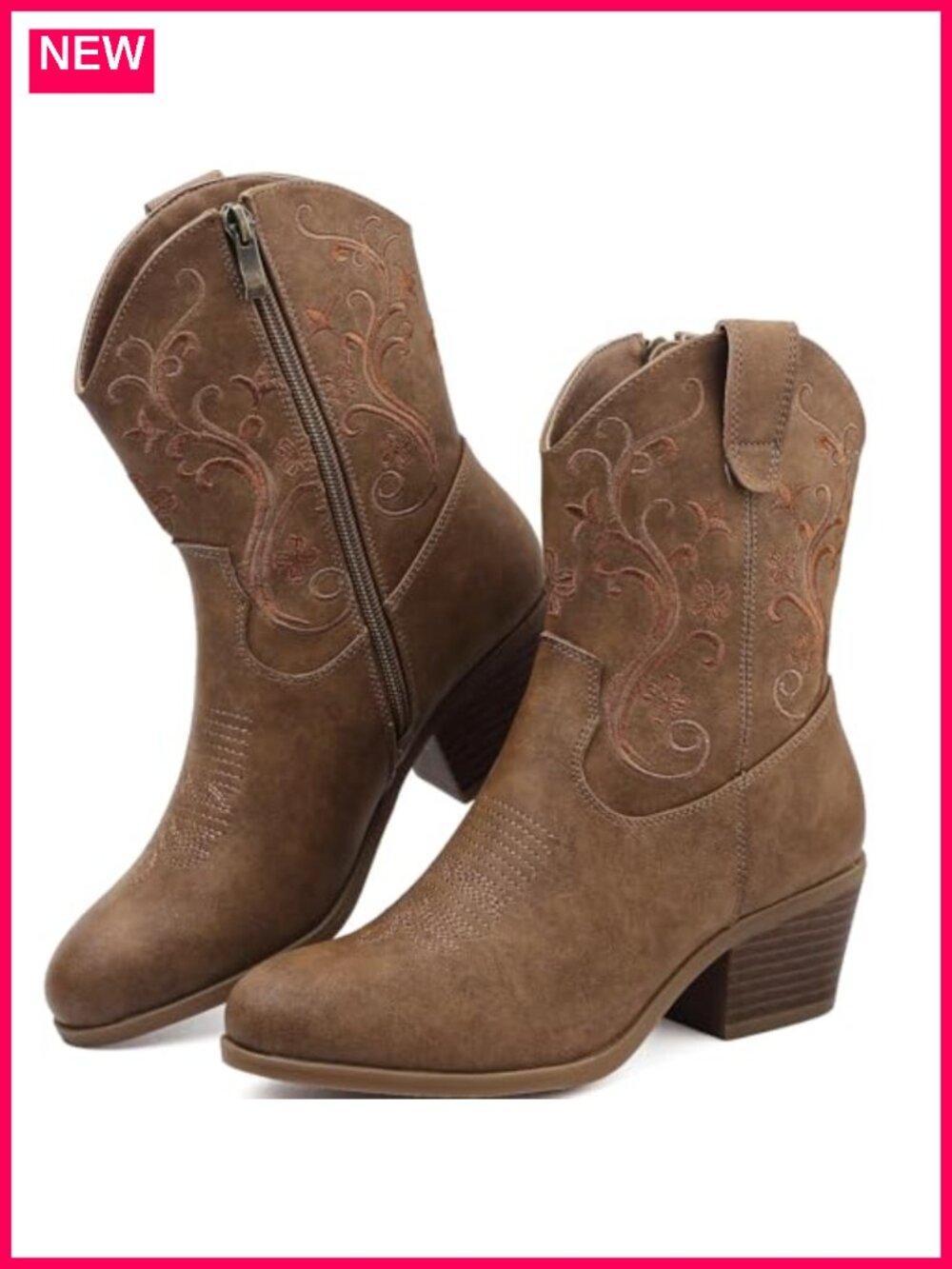 Women's Faux Leather Cowboy Boots Short Shaft Side Zip Floral Embroidered Block